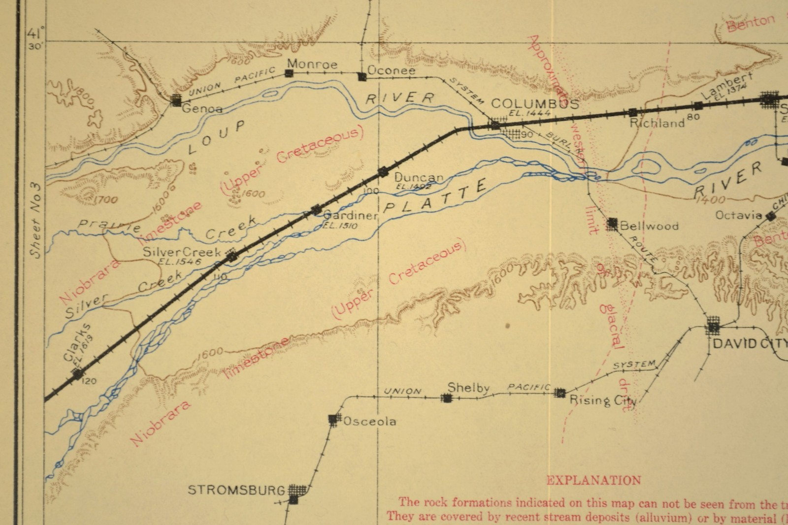Antique Union Pacific Railroad Map Columbus Nebraska Schuyler NE David City