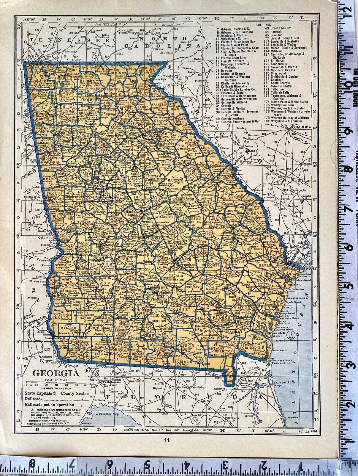 FLORIDA & GEORGIA Original c 1935 County & Railroad Maps. Hammond & Co. 9×12″