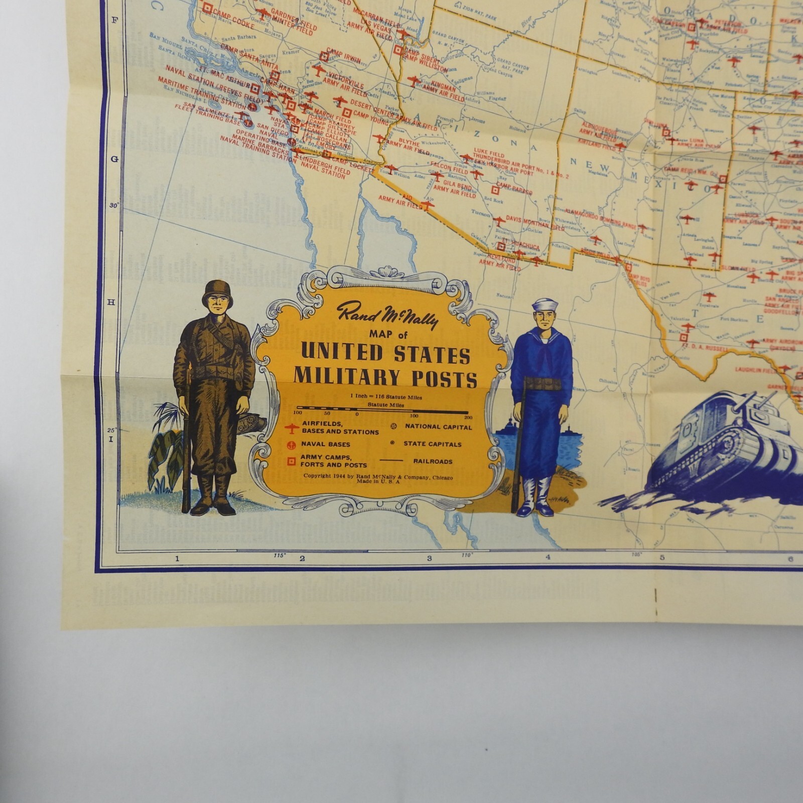 Vintage US Military Map Posts Camps Stations Randy McNally Illustrated Graphics