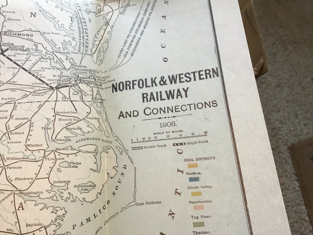 vintage railroad map: 18×26″ NORFOLK & WESTERN Railway dec 1908