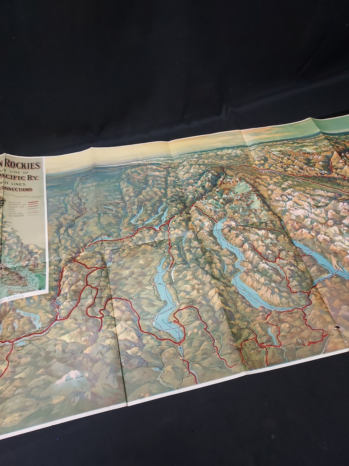 1923 Canadian Rockies Pacific Railway & Steamship Connection Map CPRY 46×17