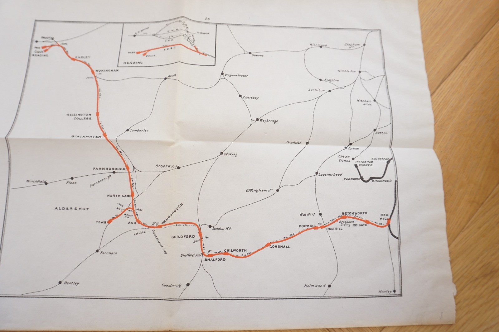 1905 South Eastern & Chatham Railway Map Reading Redhill Farnborough Guilford