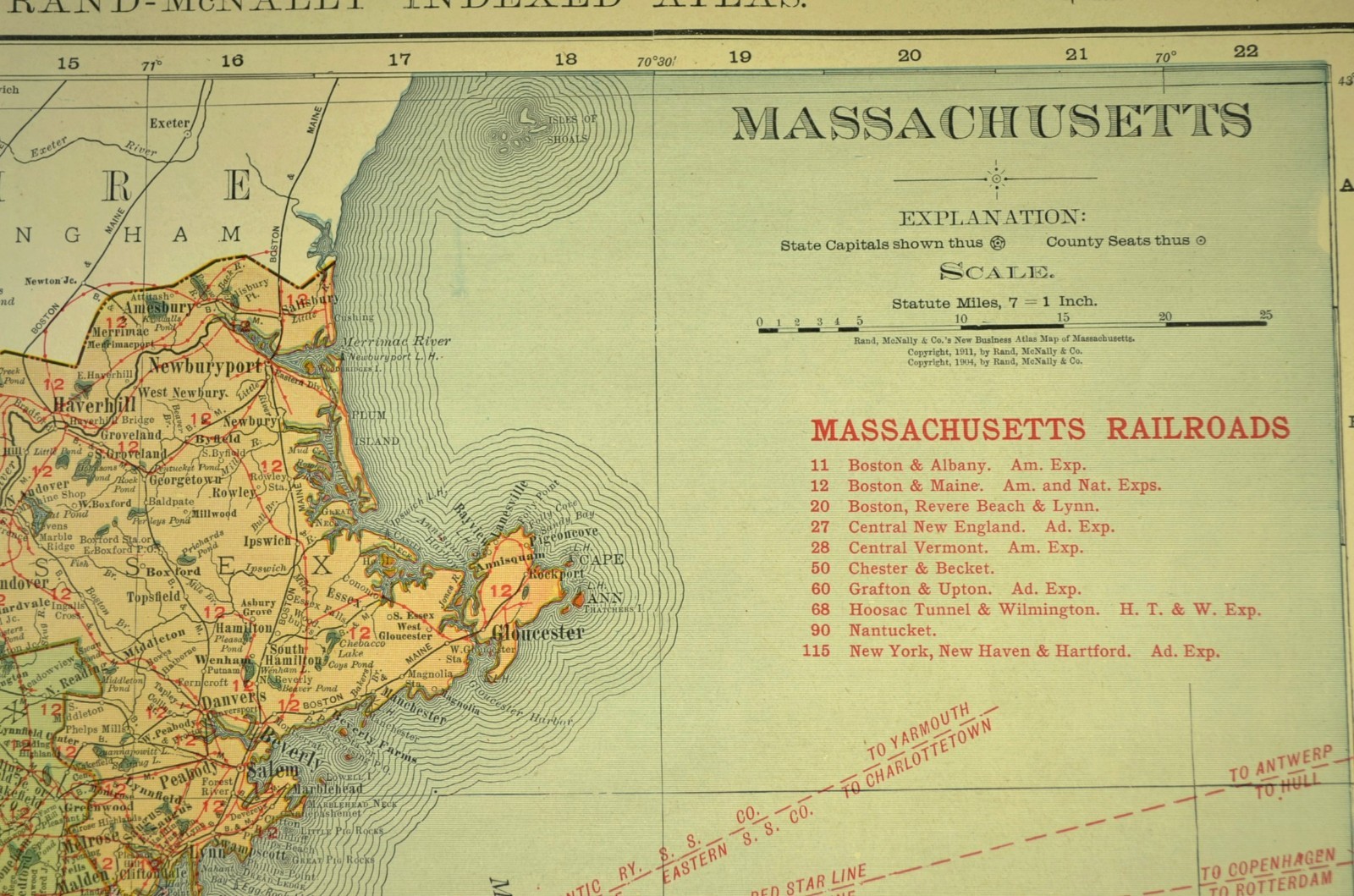 1911 Antique Map of Massachusetts Railroad Map ORIGINAL Atlas Map B&M RR DATED