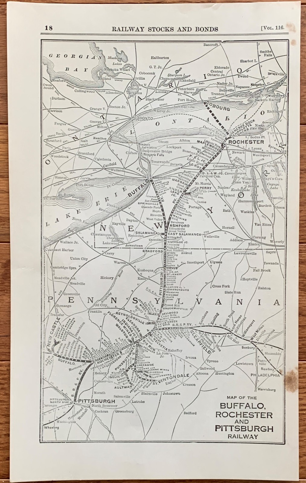 1923 Antique BUFFALO, ROCHESTER AND PITTSBURGH Map Vintage RAILWAY Map