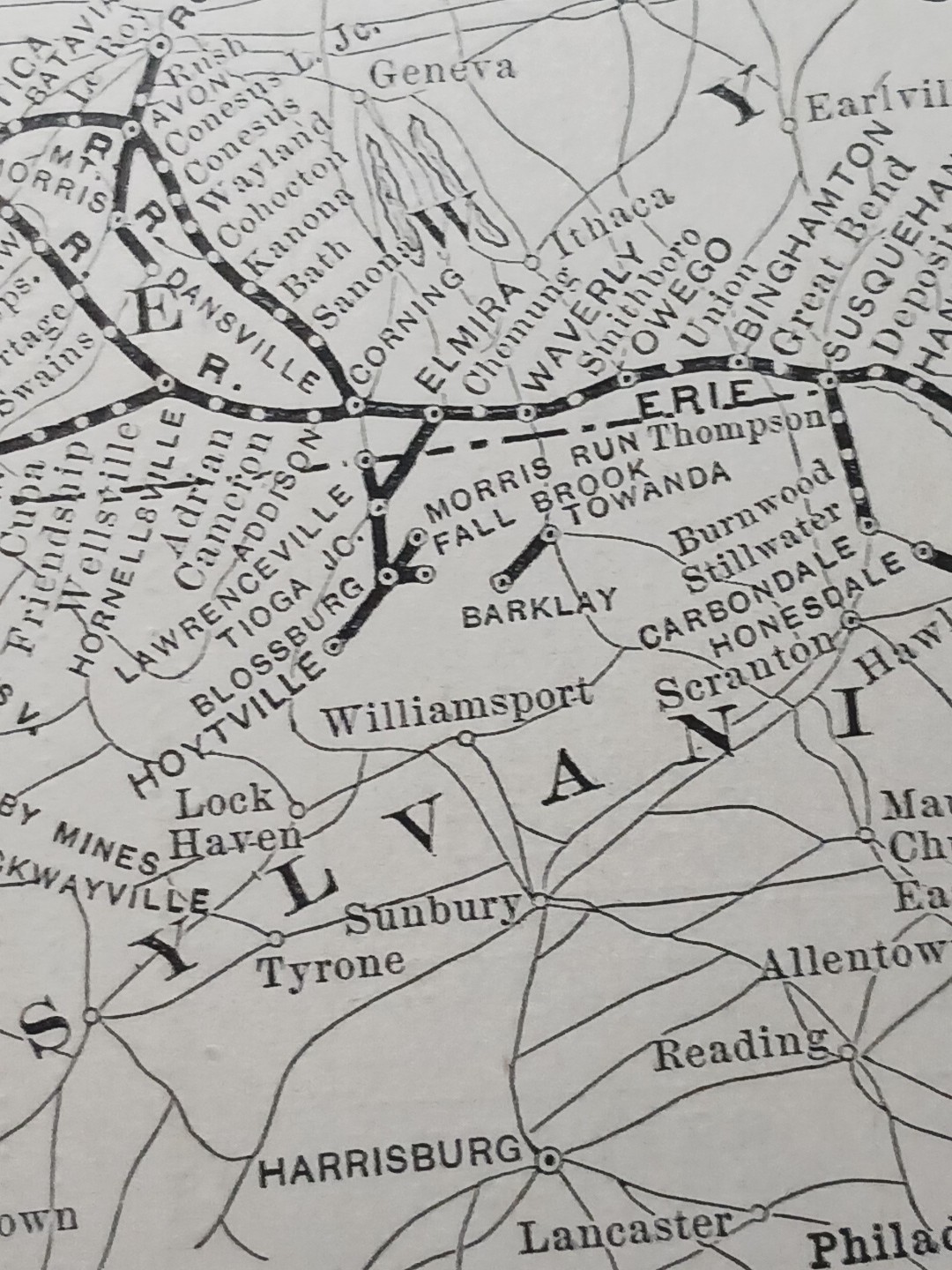 ~1896 Antique Train Route Map ERIE RAILROAD Ohio Pennsylvania New York Indiana
