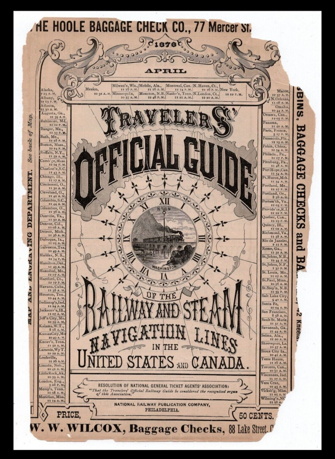 Rare 1876 TOLEDO, WABASH & WESTERN Railway RxR Routes & Connections Print Map