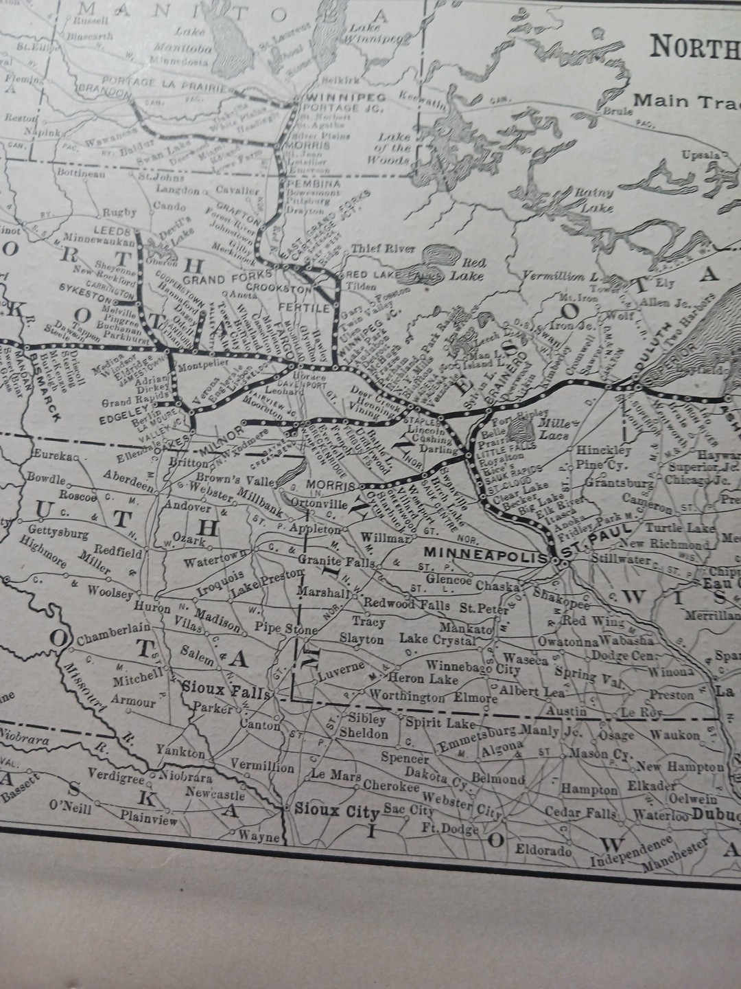 1897 dated Train Route Map NORTHERN PACIFIC RAILWAY Eastern Section Dakota MN WI