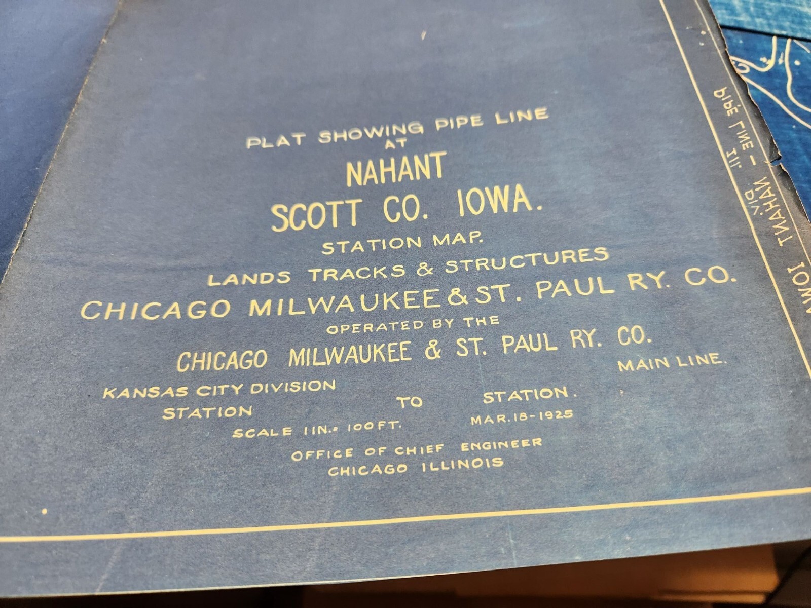 Vintage 1925 Chicago Milwaukee & St. Paul Railway Blueprint Map Nahant IA