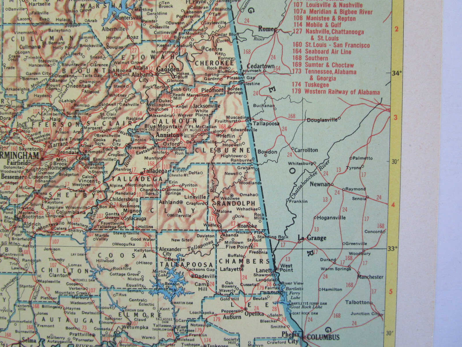AL AZ Vintage 1952 ALABAMA RAILROAD Map. CHATTAHOOCHEE VALLEY RR or ARIZONA