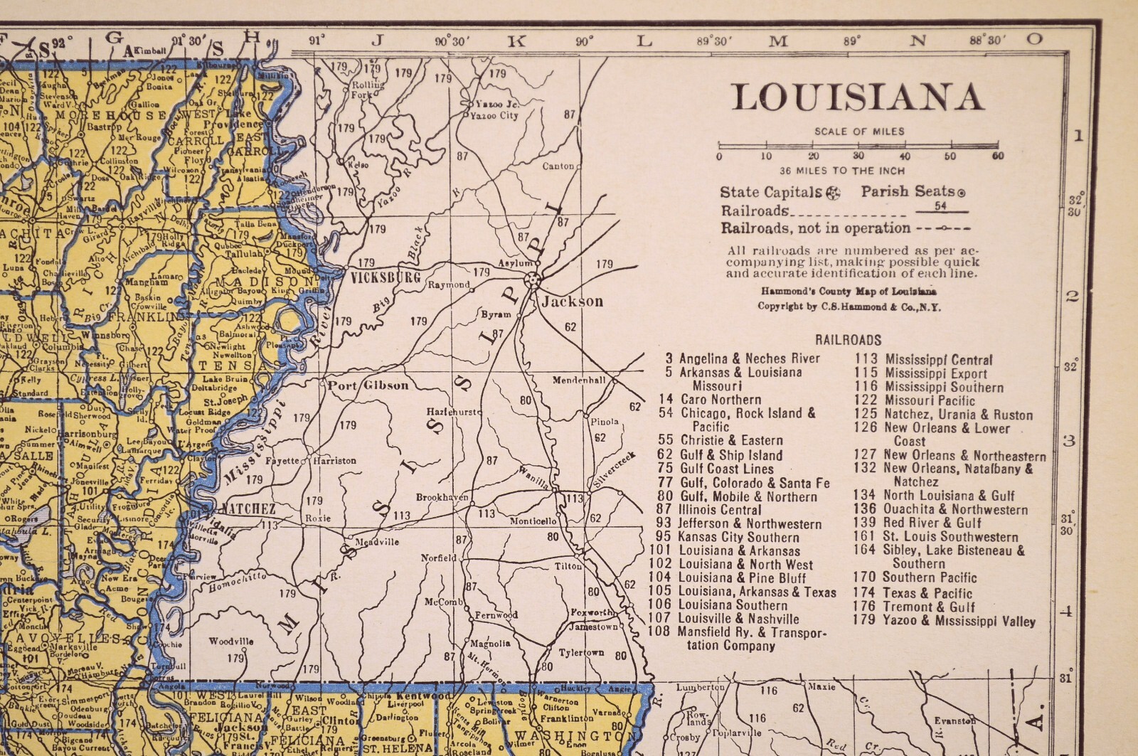 ca1939 LOUISIANA Railroad Map Original Atlas Map Depot Towns IC RR Historic