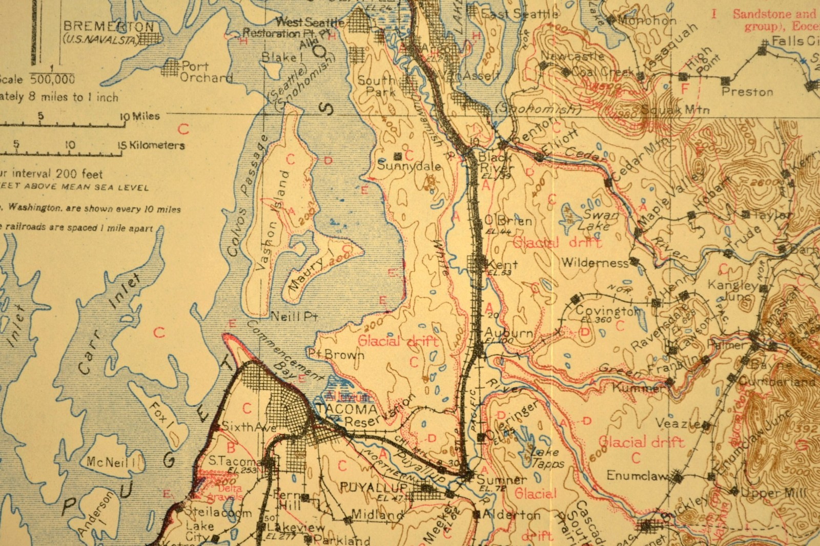 1915 Antique Southern Pacific Railroad Map Seattle Washington Tacoma WA Geologic