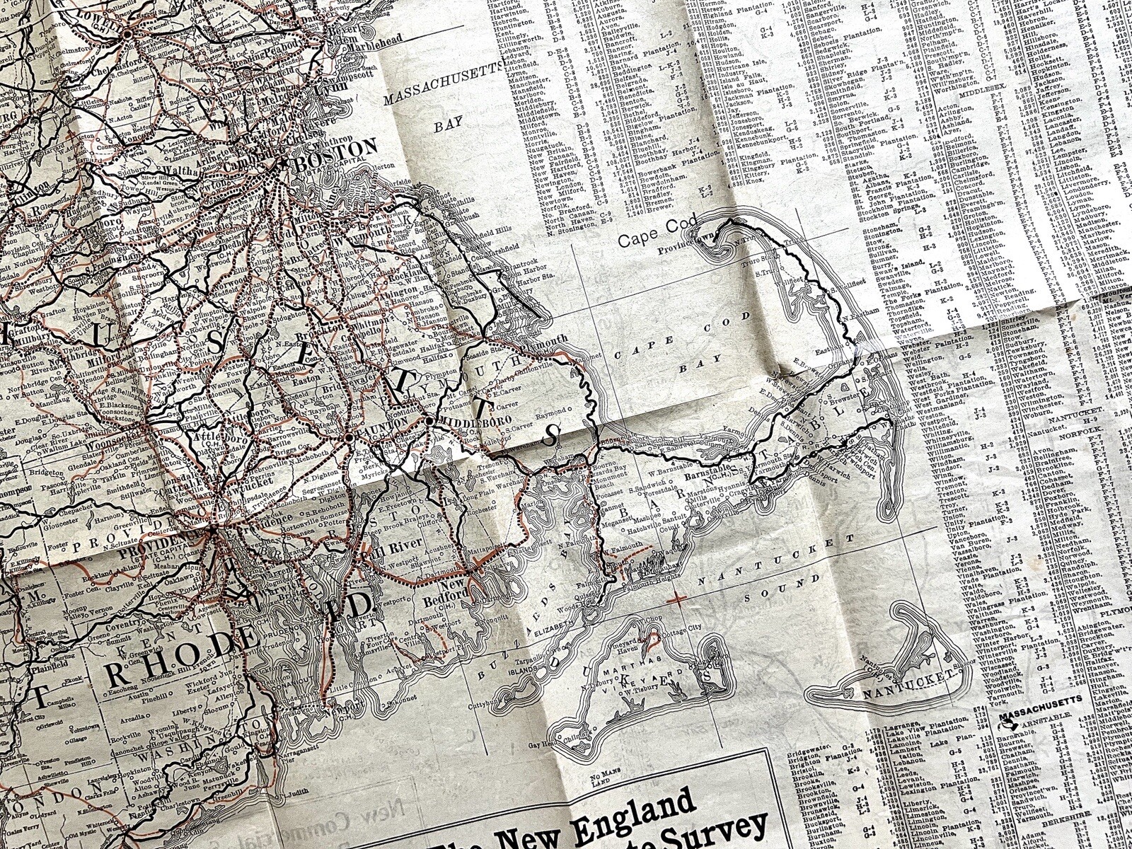 1910 NEW ENGLAND COMMERCIAL & ROUTE SURVEY MAP Towns Populations Rail Fishing