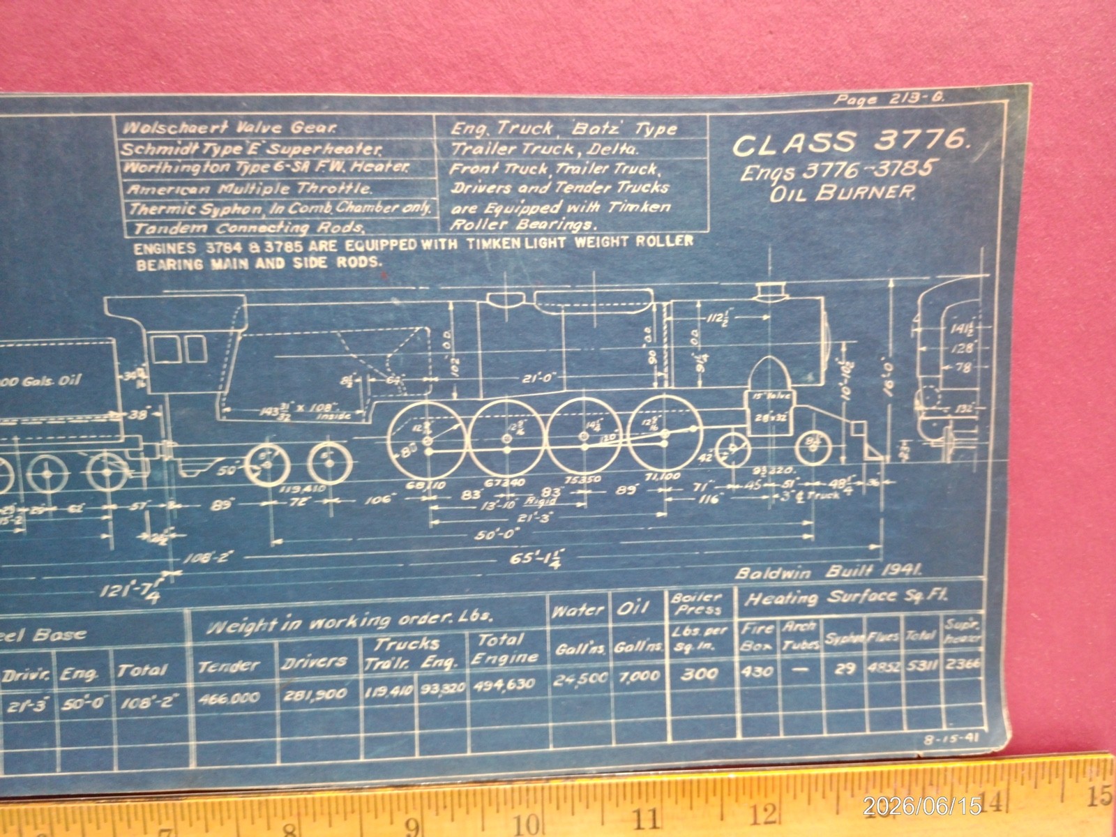 AT&SF RAILROAD ORIG BLUEPRINT DATA DIAGRAM BUILDER PHOTO 4-8-4 LOCOMOTIVE #3776