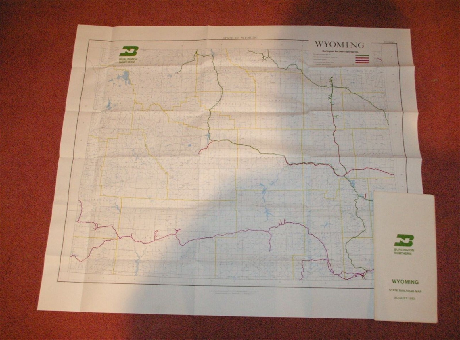 1983 Burlington Northern Railroad Wyoming Map 43 1/2″ by 36 3/4″