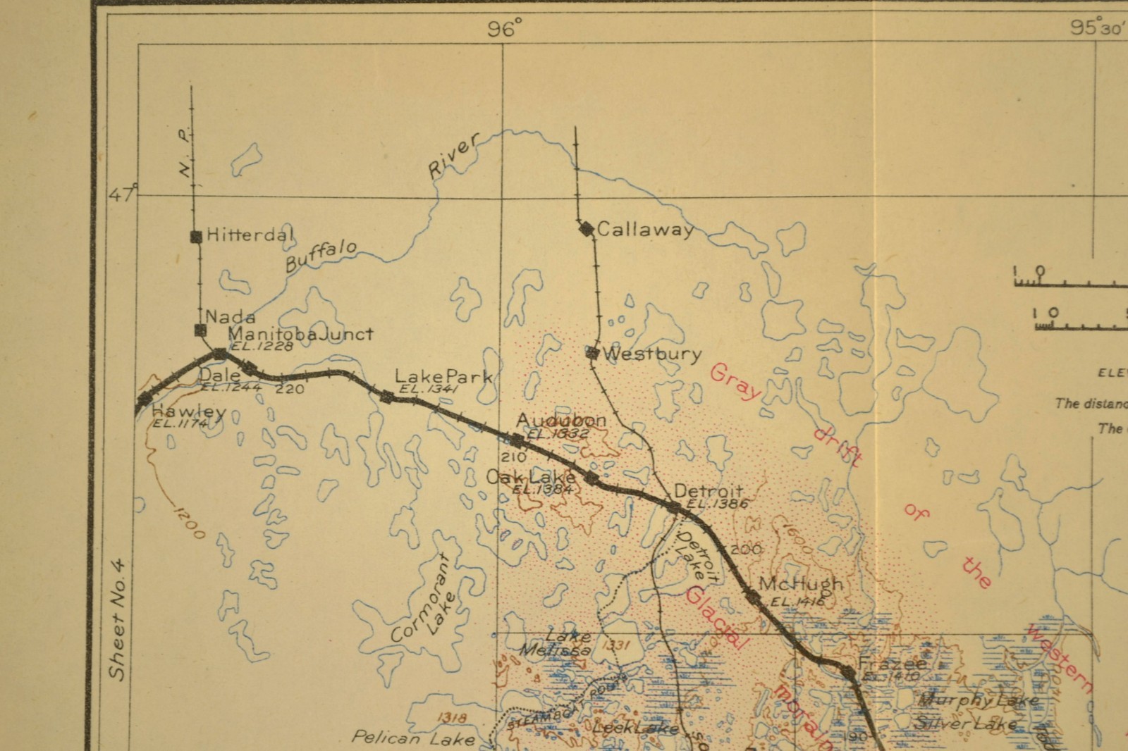 Antique Northern Pacific Railroad Map Detroit Lakes Minnesota Perham Wadena