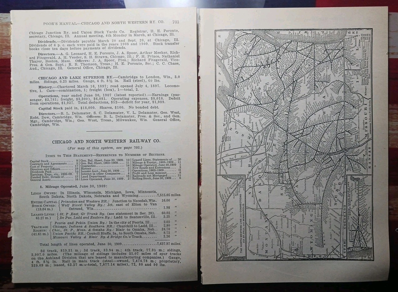 ~1910 Train Route Map + Report CHICAGO & NORTH WESTERN RAILWAY 8 Pages Railroad