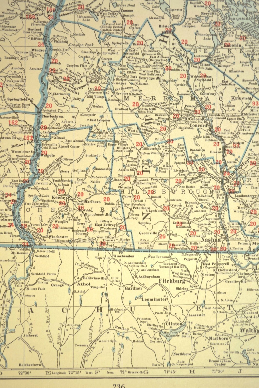 Vintage NEW HAMPSHIRE Railroad Map Vermont Boston & Maine LARGE Original Antique