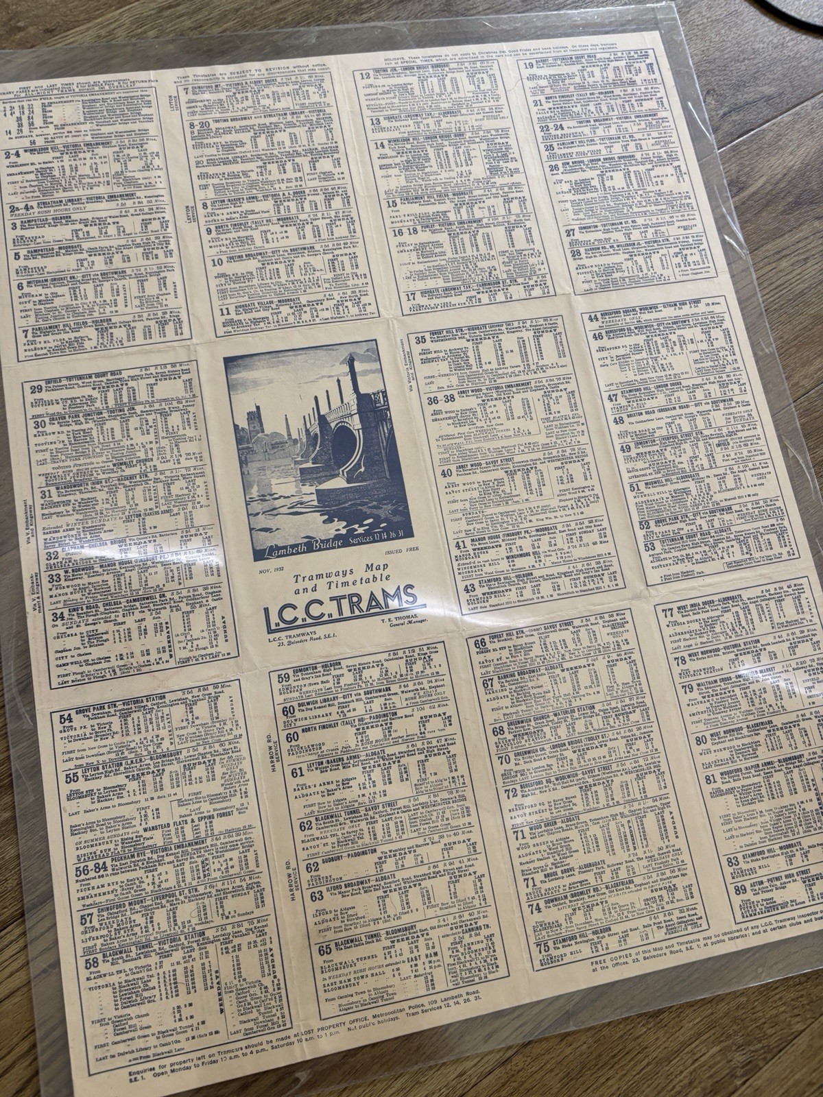 1932 LCC Trams Map Timetable London County Council Tramways Original Nov