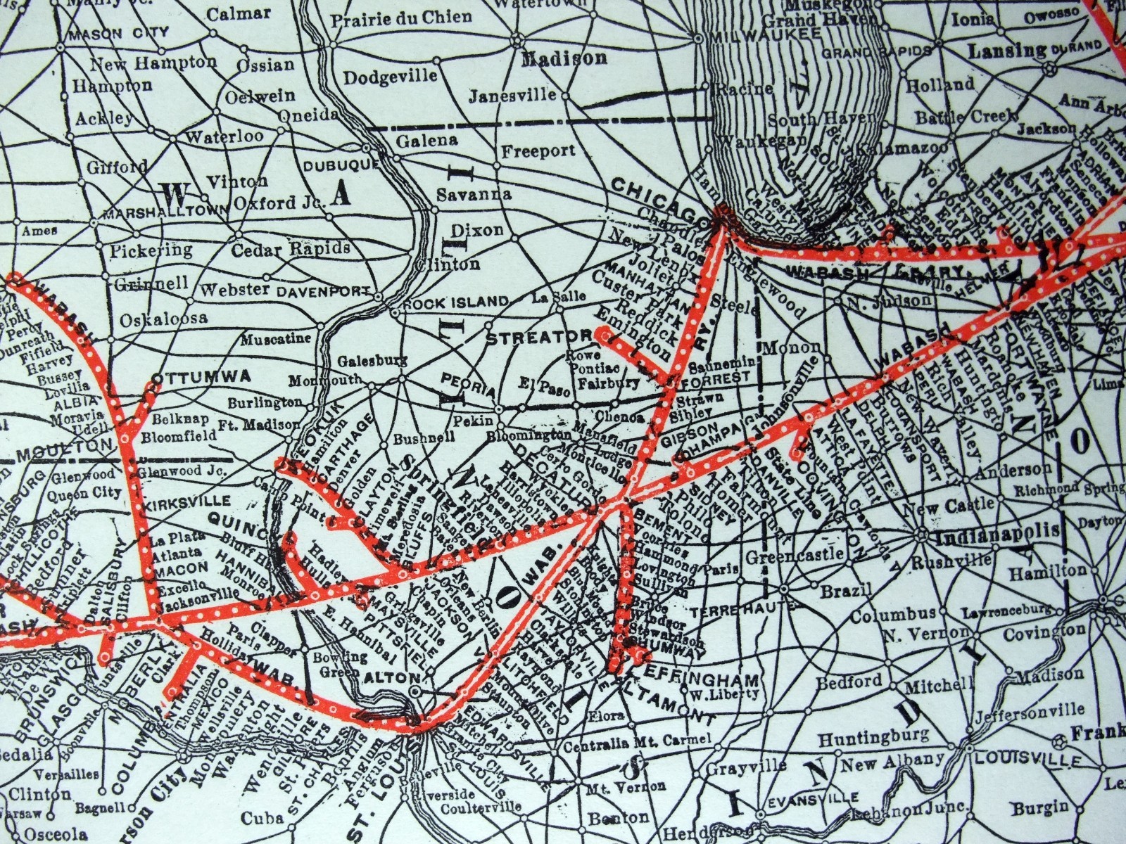 Wabash Railroad – Original 1929 System Map by Parker Engraving. Vintage