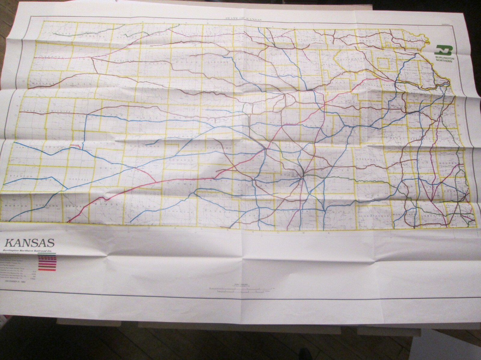 Large Burlington Northern State Railroad Map of Kansas 1983
