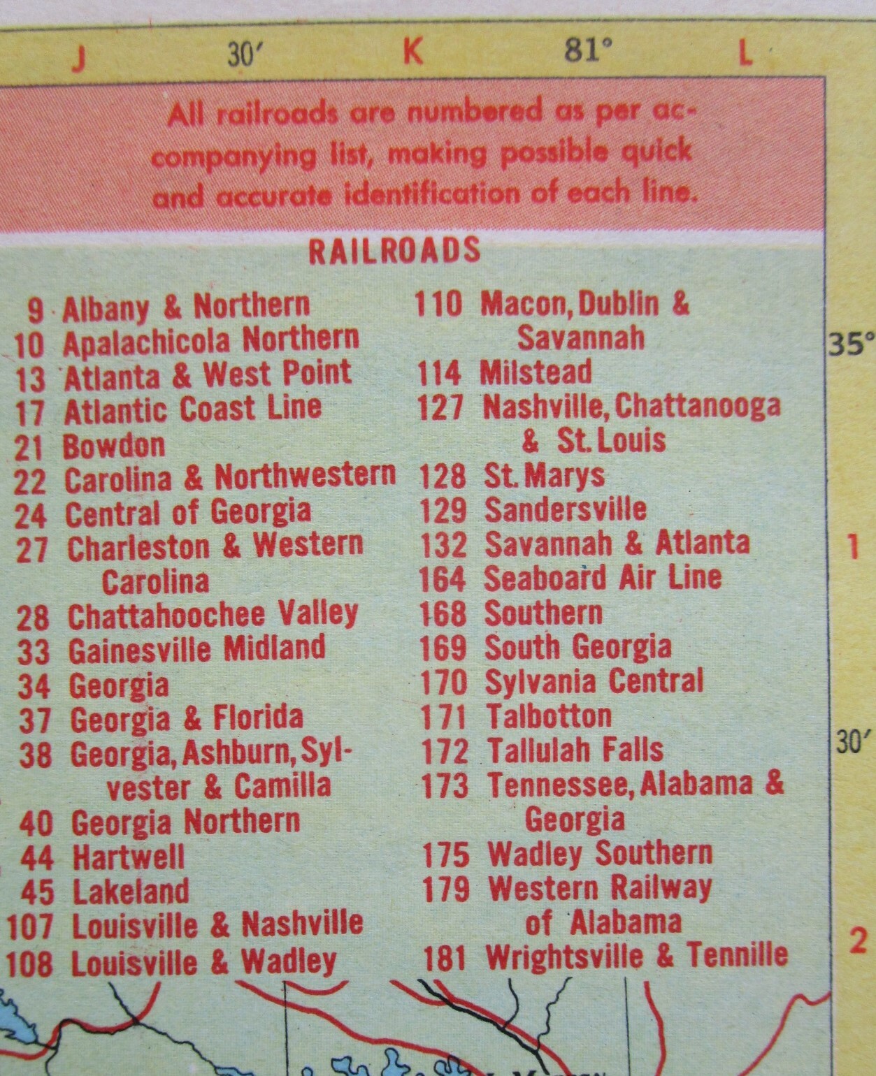 GA FL 1952 GEORGIA RAILROAD Map MILSTEAD RR; BOWDEN RR ~or~ FLORIDA.
