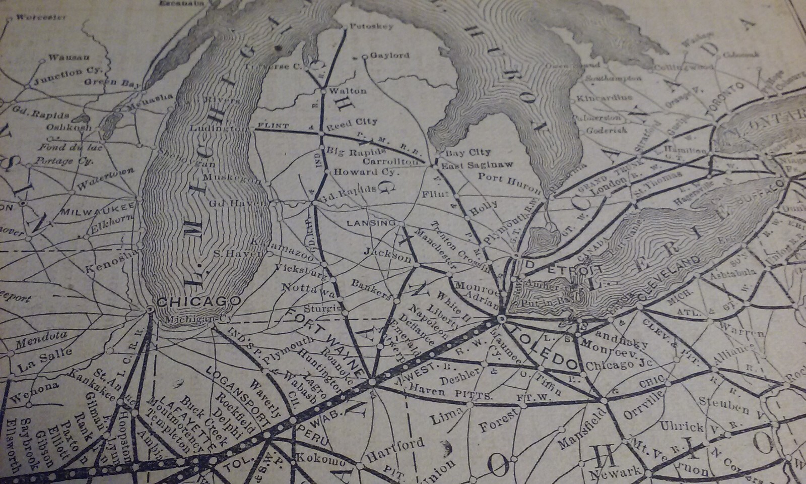 Rare 1876 TOLEDO, WABASH & WESTERN Railway RxR Routes & Connections Print Map