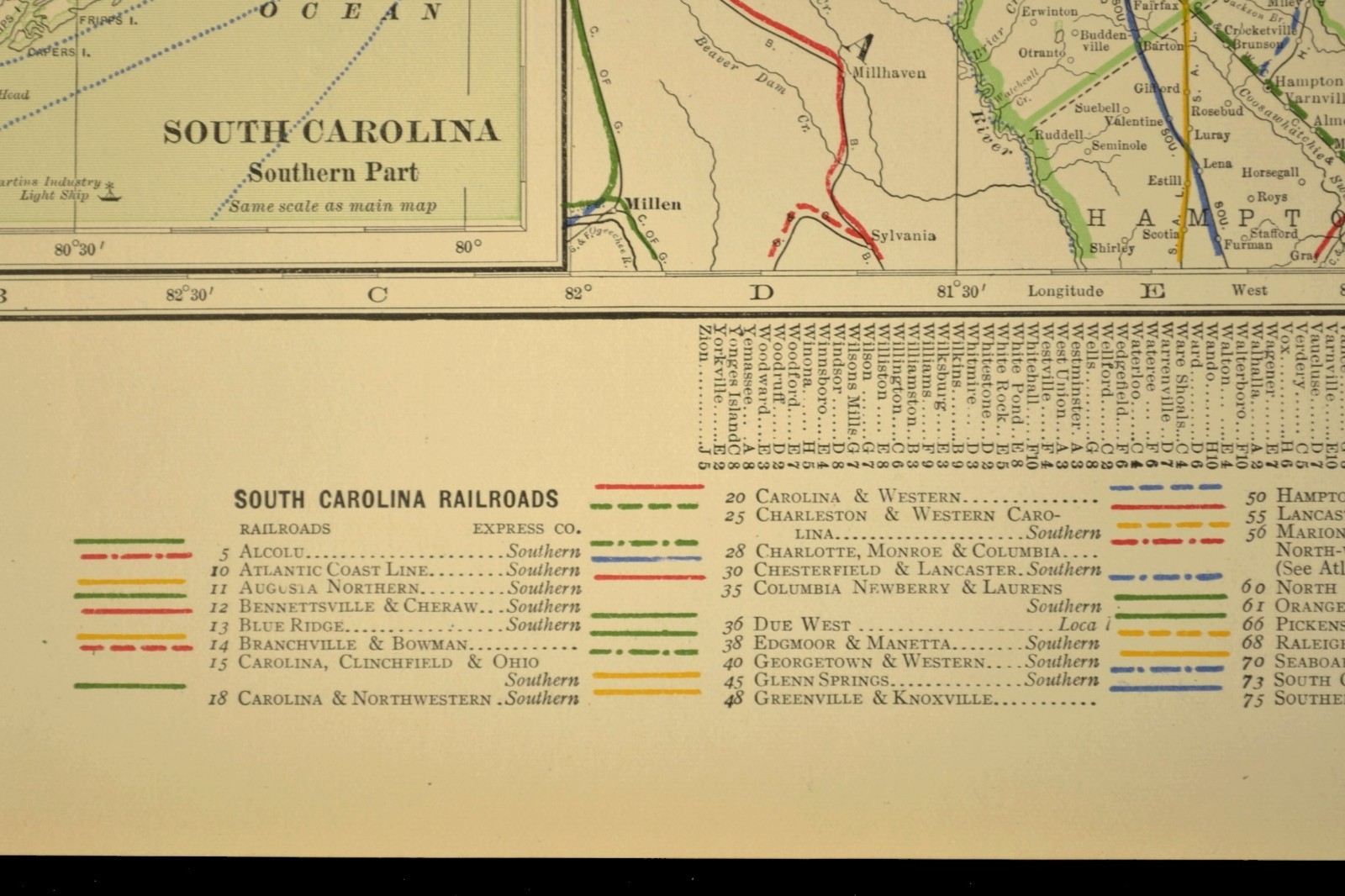 1914 Antique Map of SOUTH CAROLINA Railroads Map ORIGINAL Atlas Map ACL RR DATED