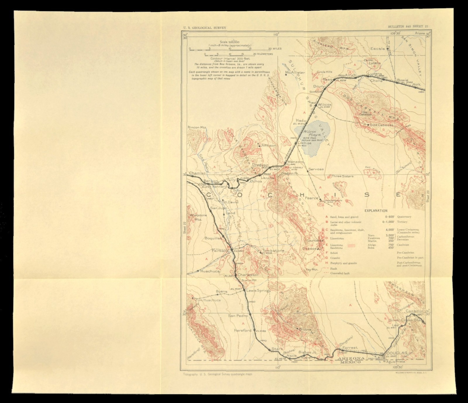 Southern Pacific Railroad Map Douglas Arizona Tombstone Willcox Dragoon Mtns
