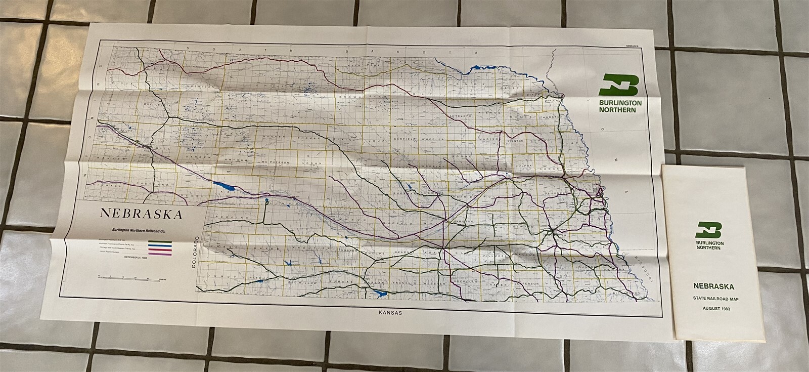 1983 Burlington Northern Railroad Nebraska Map 43 5/8″ by 23″