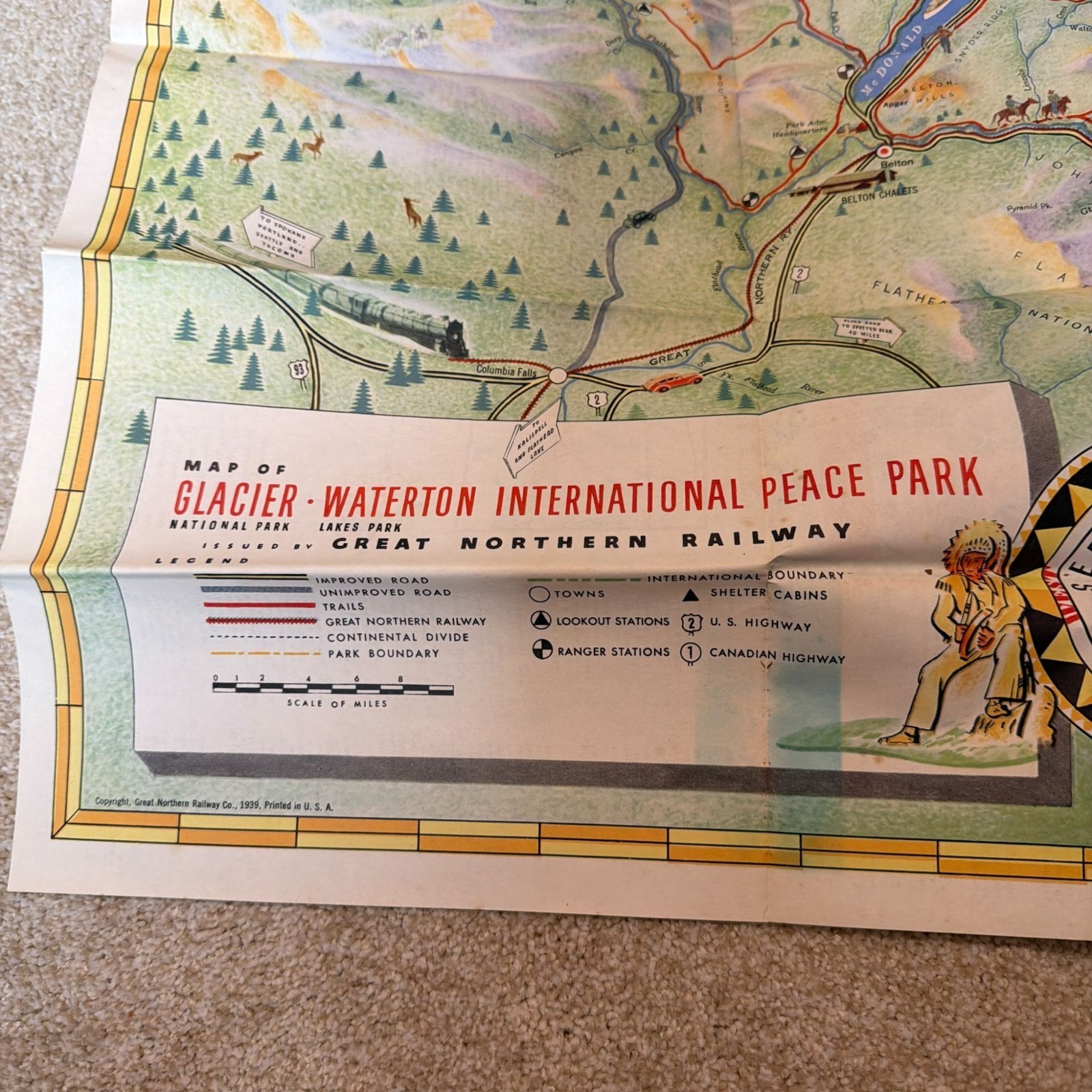 Vintage 1939 Great Northern Railway Pictorial Map Glacier National Park Waterton