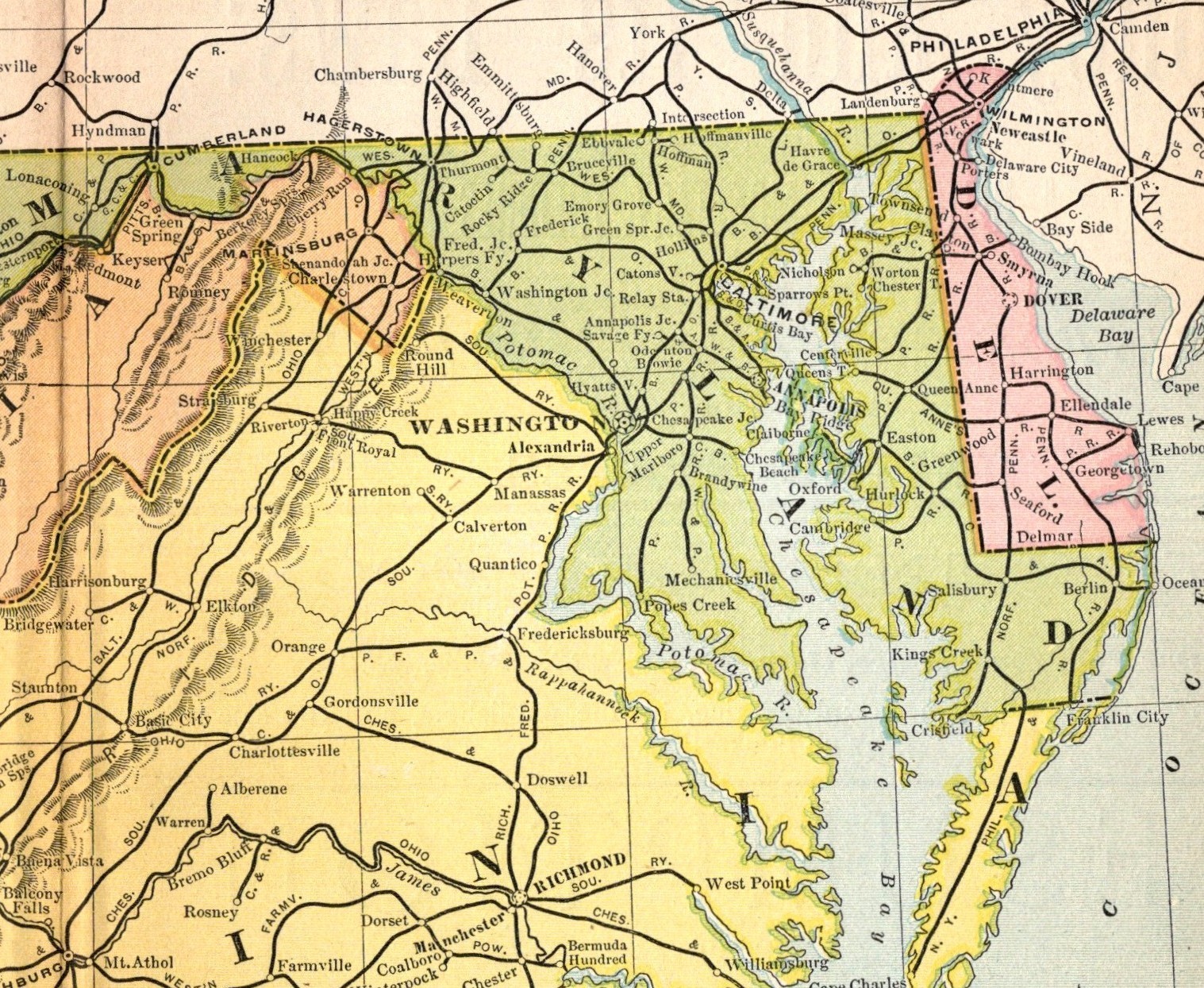 1900 Antique Delaware Maryland West Virginia Railroad Map Railway Map 2947