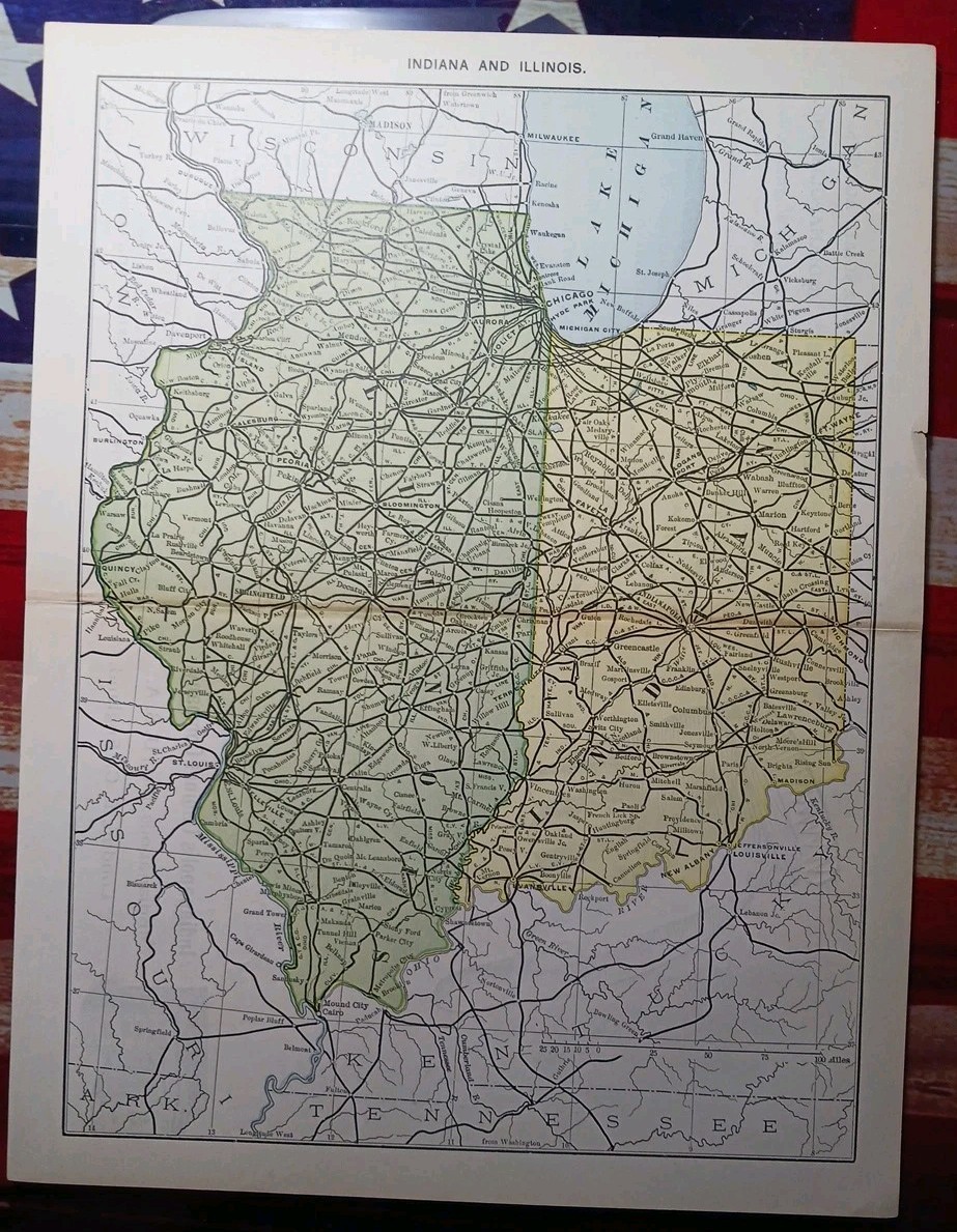 1891 Antique Railroad Map ILLINOIS & INDIANA all Train Route lines Depots 11×9″