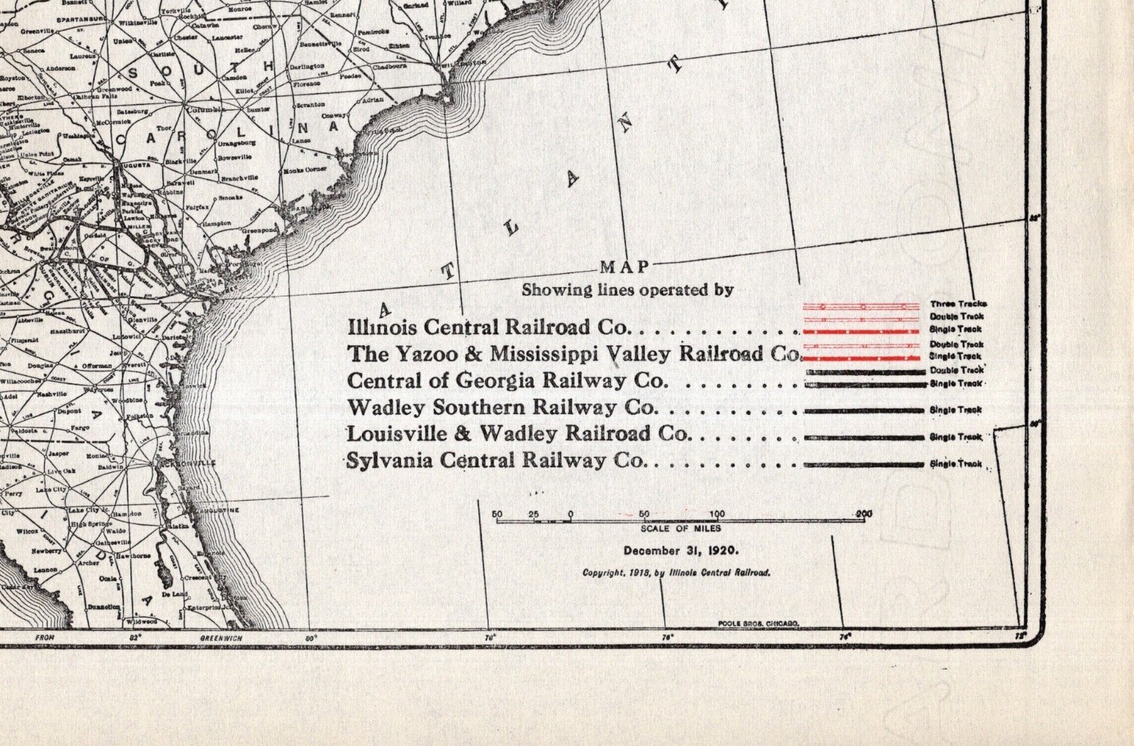 1920 Antique Illinois Central Railroad Map Yazoo Georgia Wadley Sylvania 2695