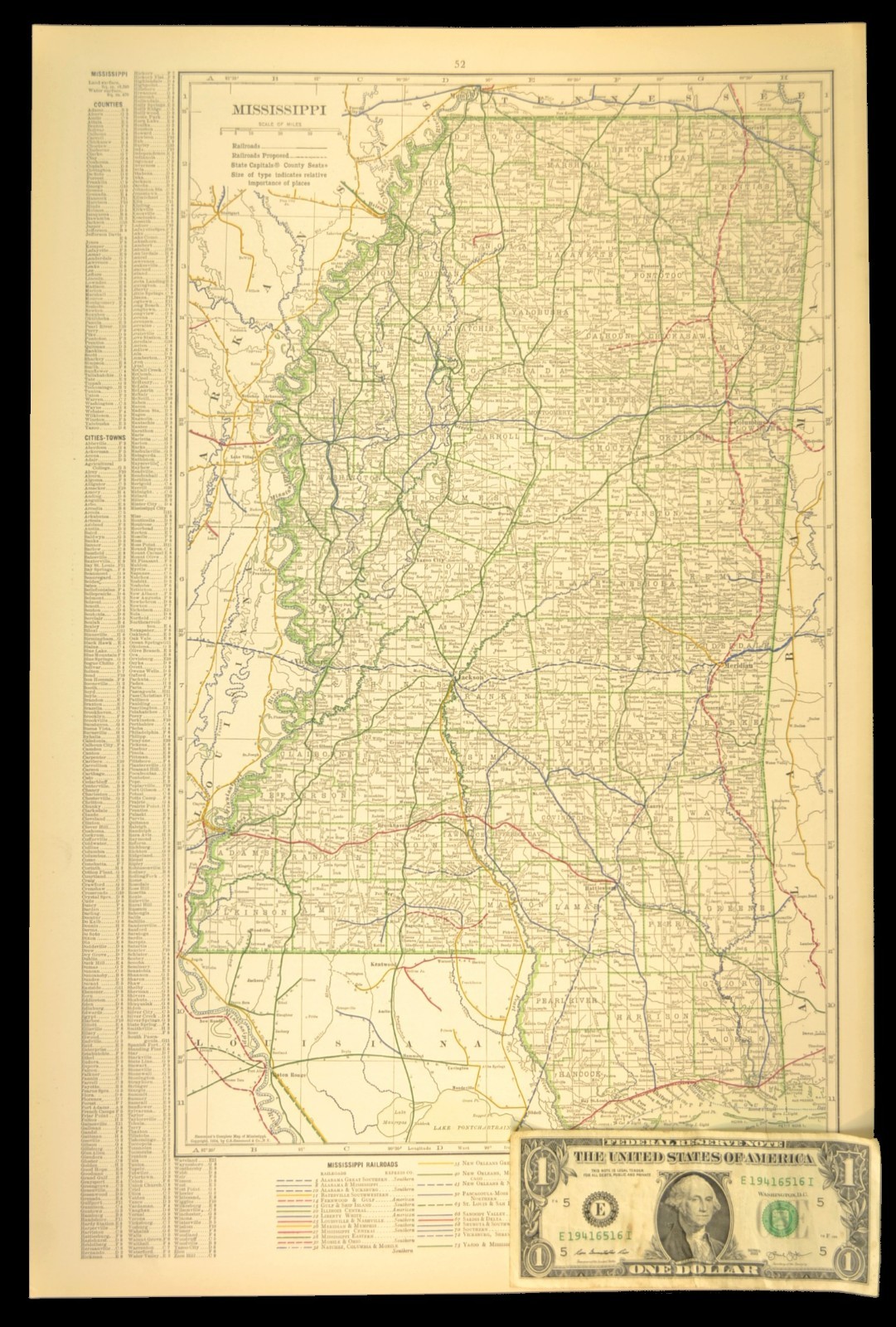 1914 Antique Map of MISSISSIPPI Railroads Map ORIGINAL Atlas Map IC RR DATED