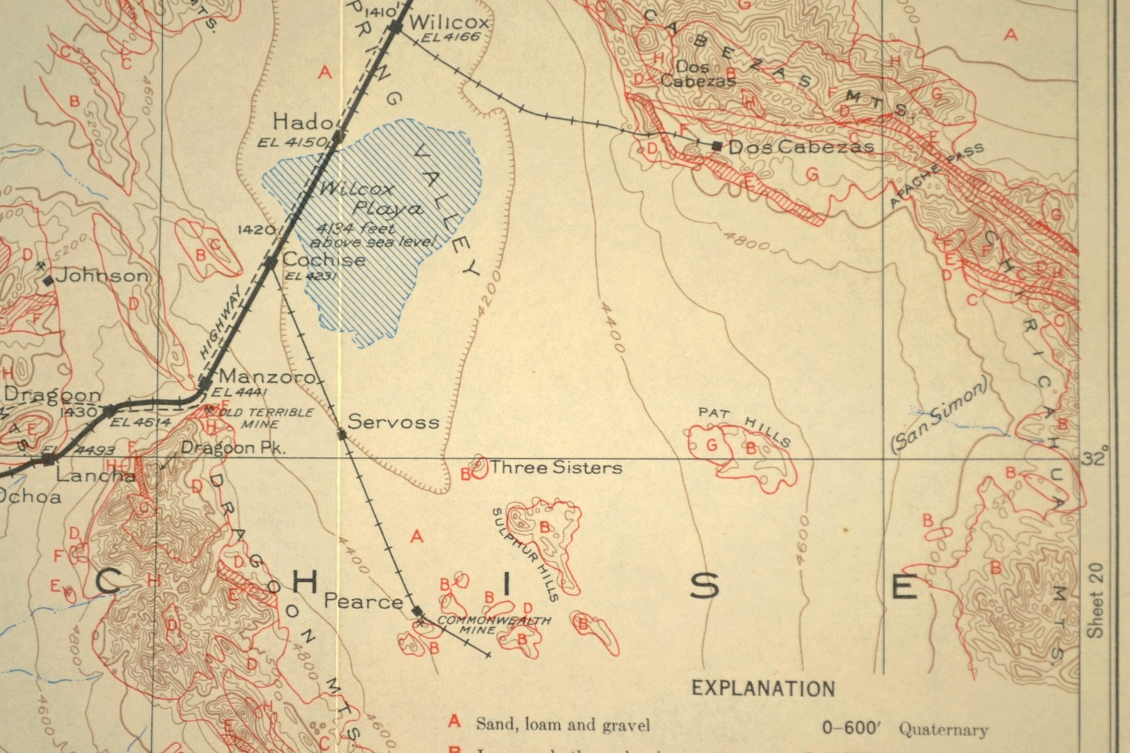 Southern Pacific Railroad Map Douglas Arizona Tombstone Willcox Dragoon Mtns