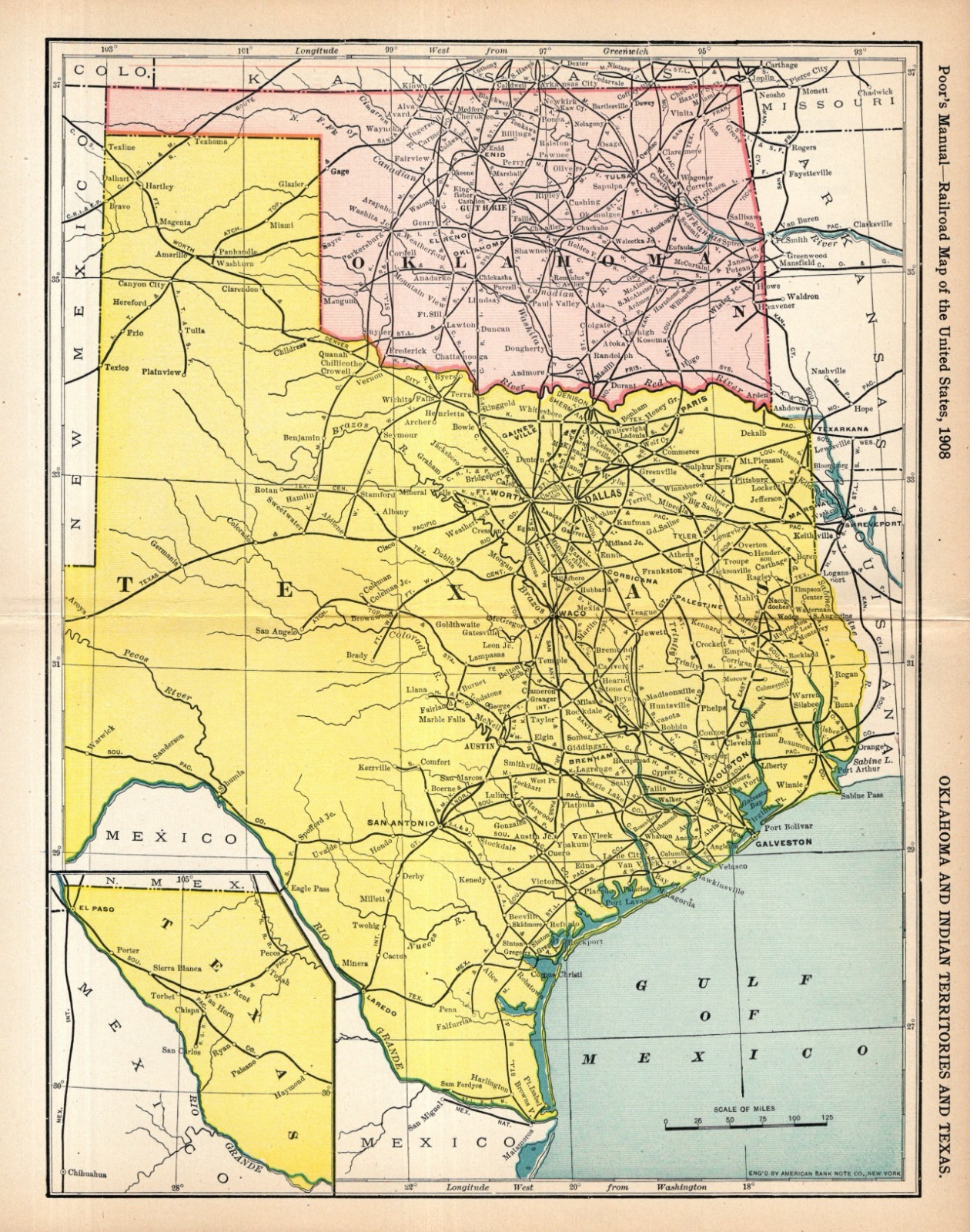 1908 Antique Texas Indian Territory and Oklahoma Railroad Map 2728