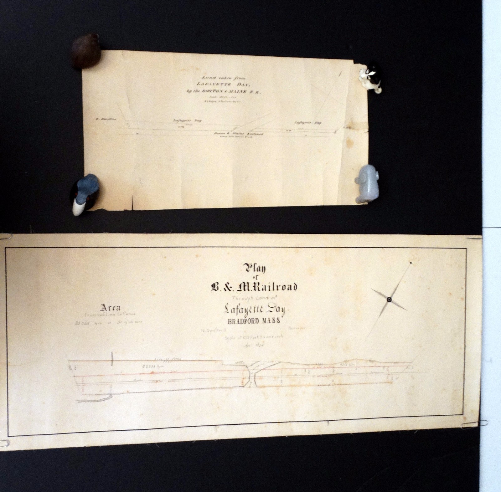 Antique RAILROAD MAP Lot of 2 BRADFORD MA April 1874 B & M Survey Lafayette Day