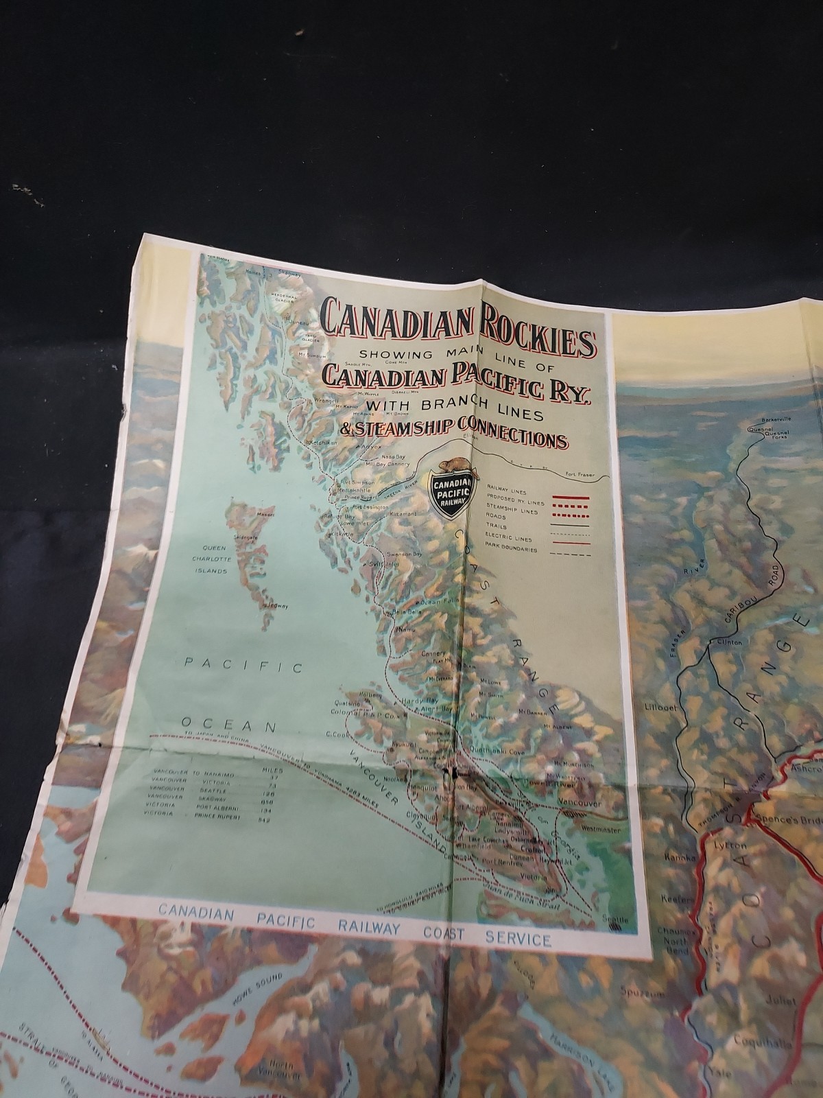 1923 Canadian Rockies Pacific Railway & Steamship Connection Map CPRY 46×17