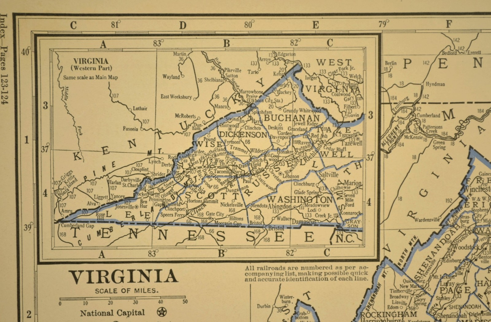 ca 1930 VIRGINIA Railroad Map Depot Towns C&O RR Historic Original Atlas Map