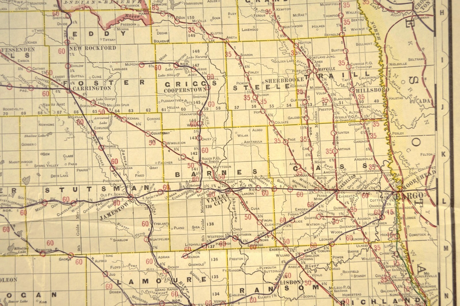 ca 1905 North Dakota Railroad Map Minnesota St Paul & Sault Ste Marie RR