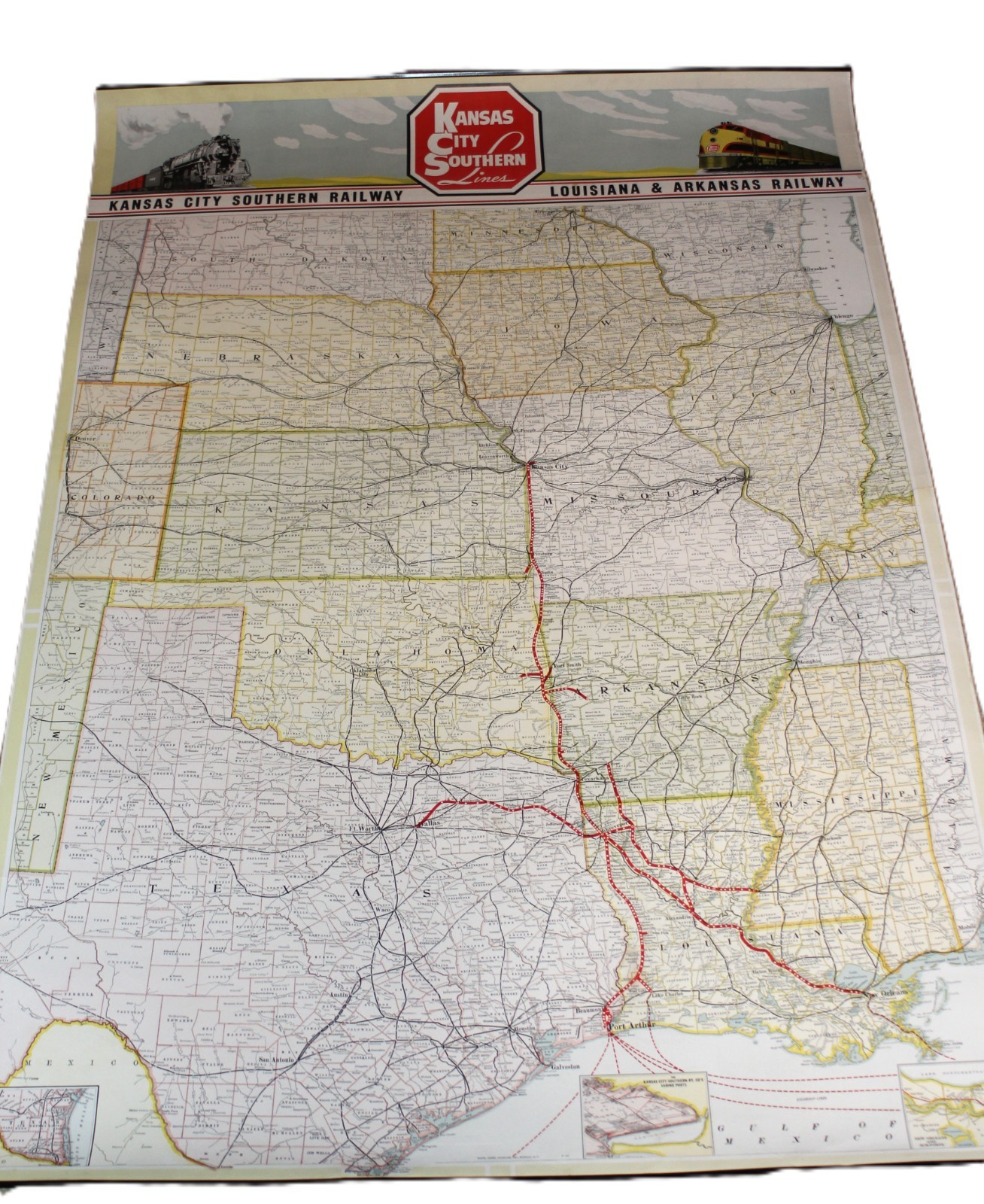 ORIGINAL Kansas City Southern/ Louisiana Rwy & Arkansas Rwy Wall Map – 3/1945