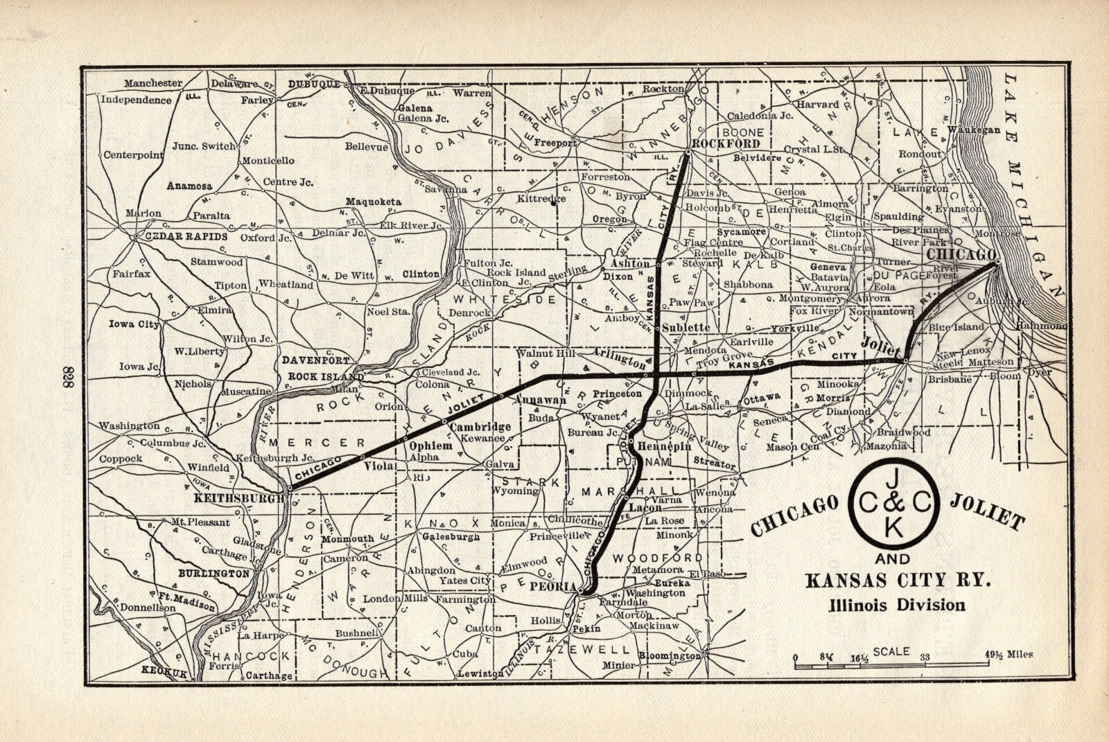 1908 Antique Chicago Joliet and Kansas City Railway Map Antique Railroad Map 374