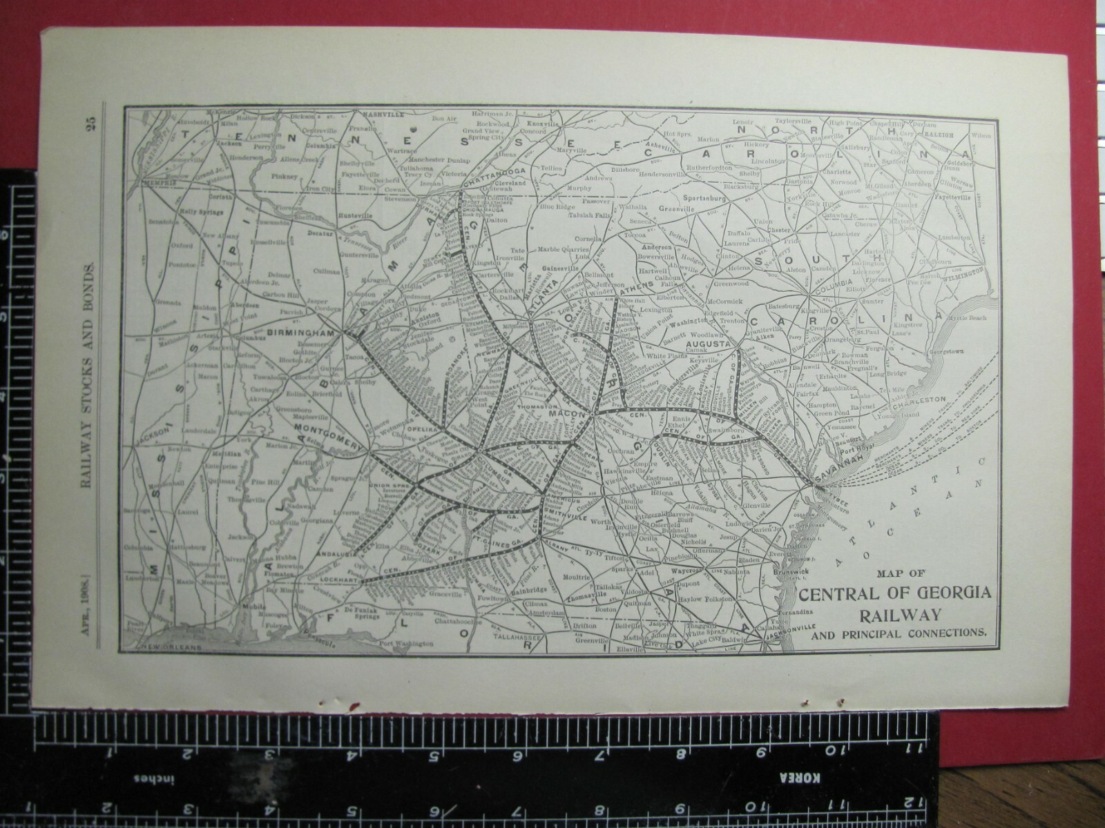 ORIG 1908 CENTRAL of GEORGIA RAILROAD COMPANY SYSTEM MAP CofG ROUTE IN GA AL TN