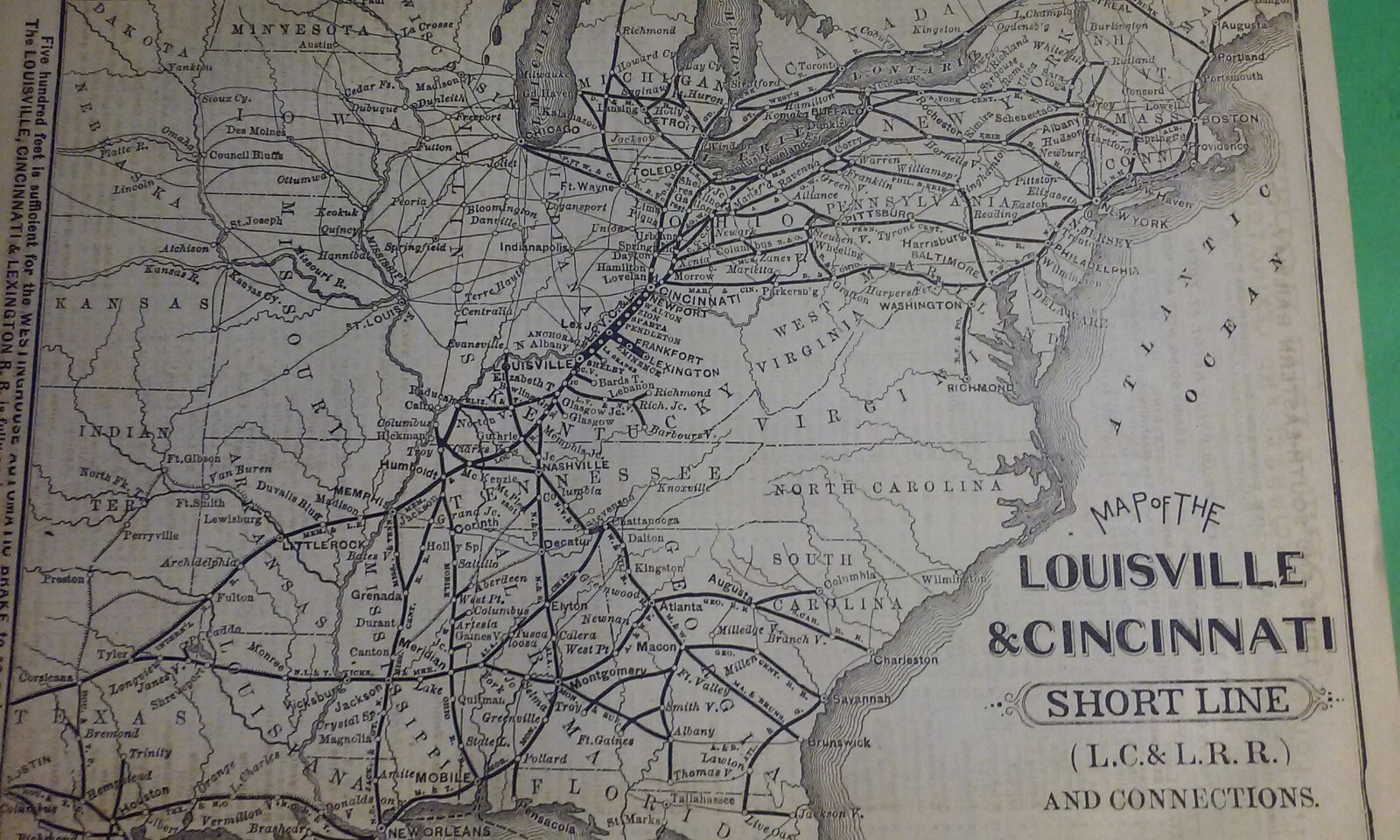 Rare 1876 LOUISVILLE & CINCINNATI Short Line Railroad & Connections Print Map