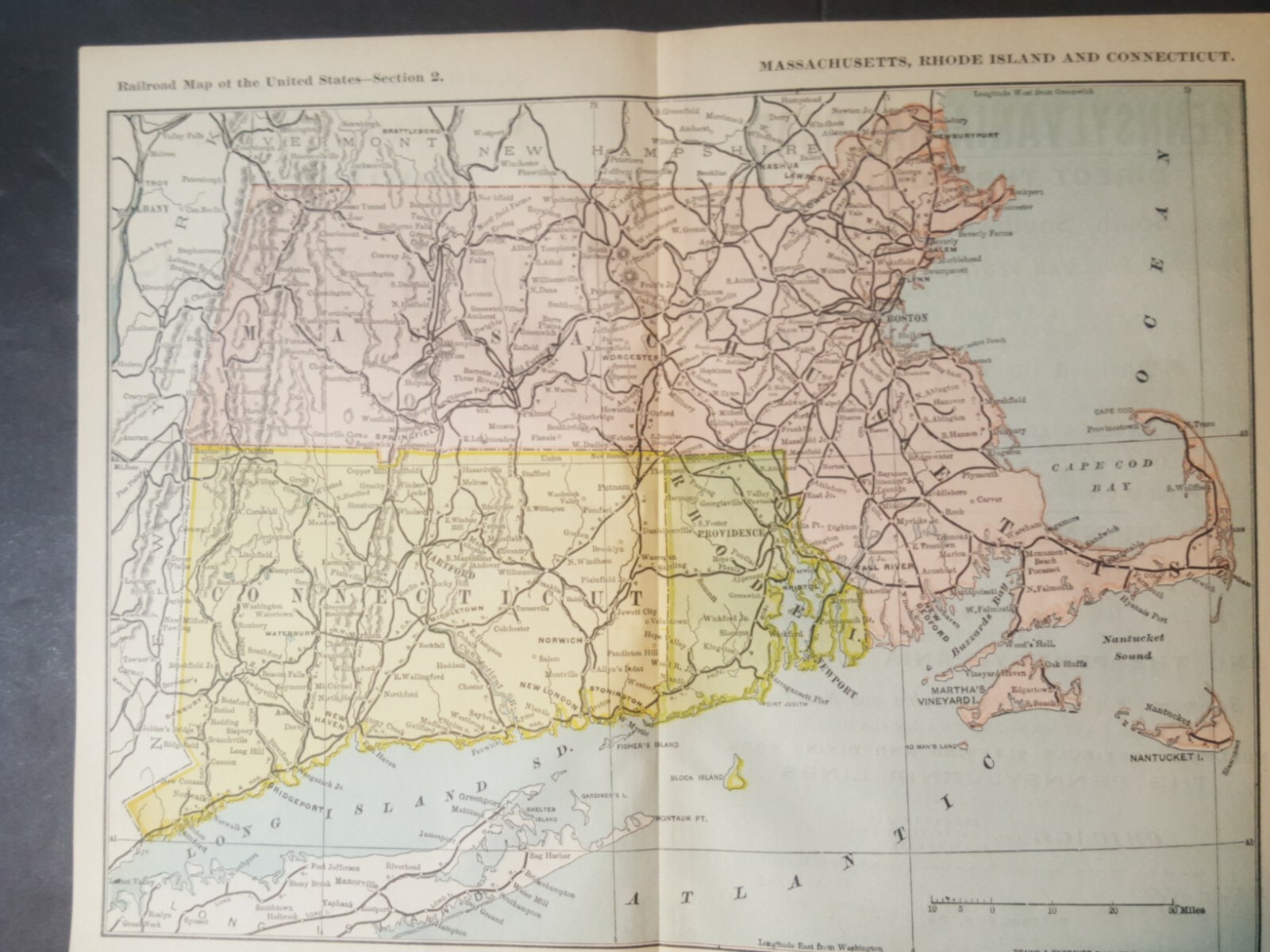 Original 1894 railroad map Drawn by American Bank Note Massachusetts CT RI 9×11″