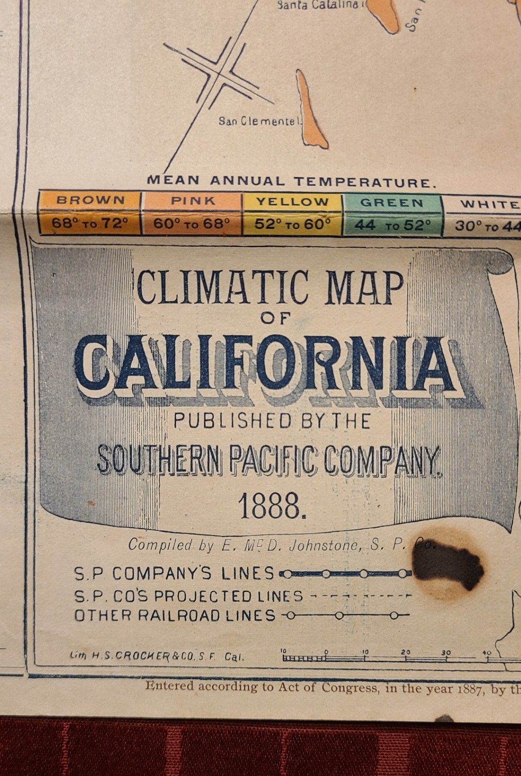 SOUTHERN PACIFIC CO. CLIMATIC MAP CALIFORNIA 1888 SUNSET ROUTE VINTAGE RAILROAD