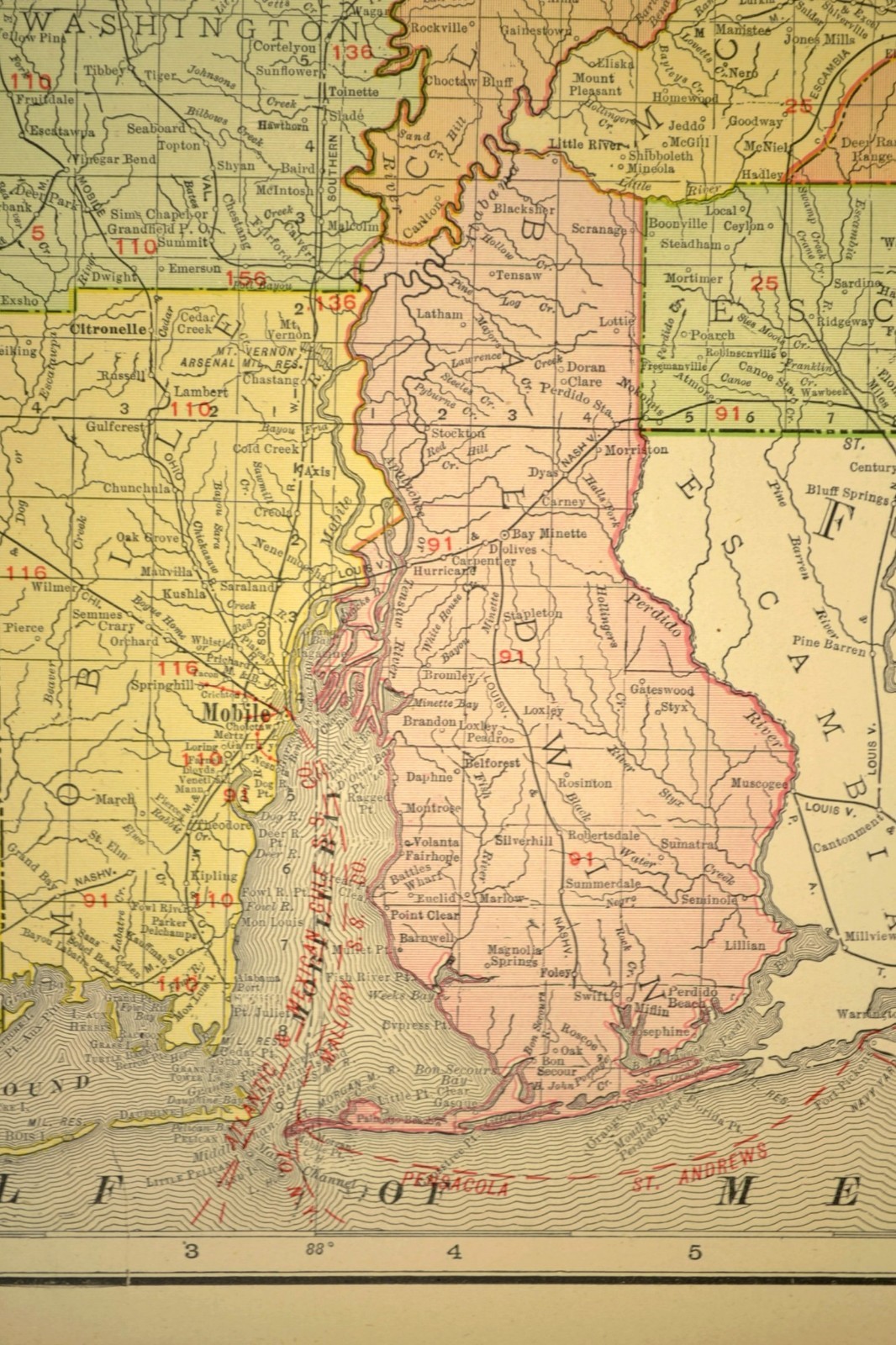 1911 Antique Alabama Railroad Map ORIGINAL Atlas Map Southern Railway DATED