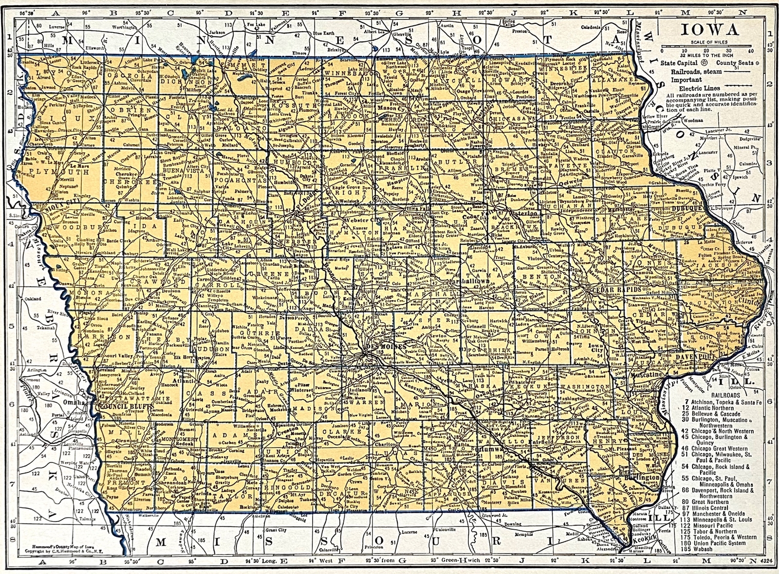 INDIANA & IOWA Original c 1935 County & Railroad Maps. Hammond & Co. 9×12″ VG-F