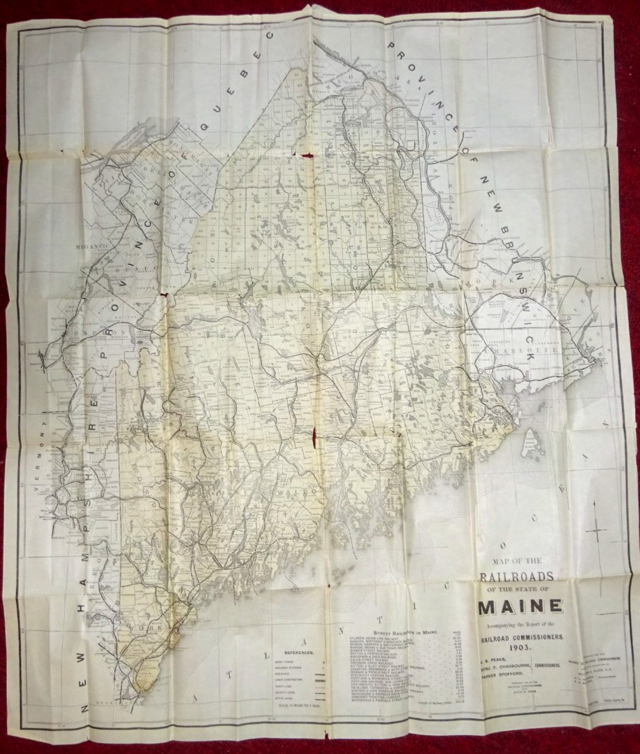 BIG 1891 WALL MAP OF RAILROADS MAINE 30″ x 33″ REPRINTED 1903 BY COMMISSIONERS