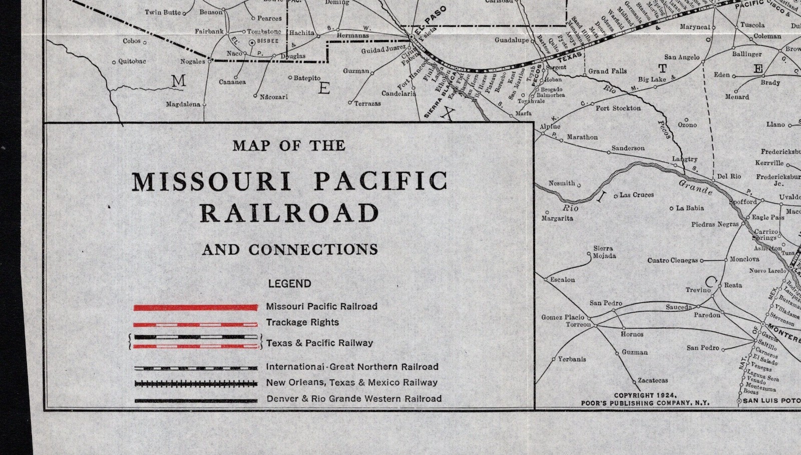 1924 Antique Missouri Pacific Railroad System Map T & P Denver Rio Grande 2515